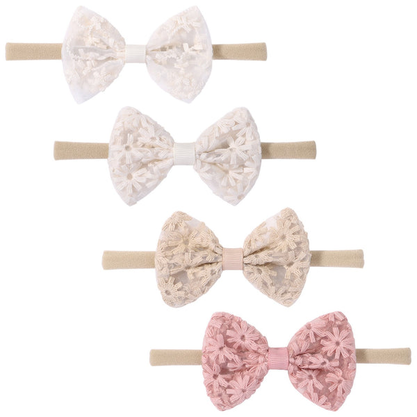 Embroidered bow baby headband set
