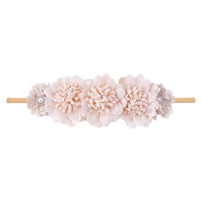 Beige floral baby headband with pearls