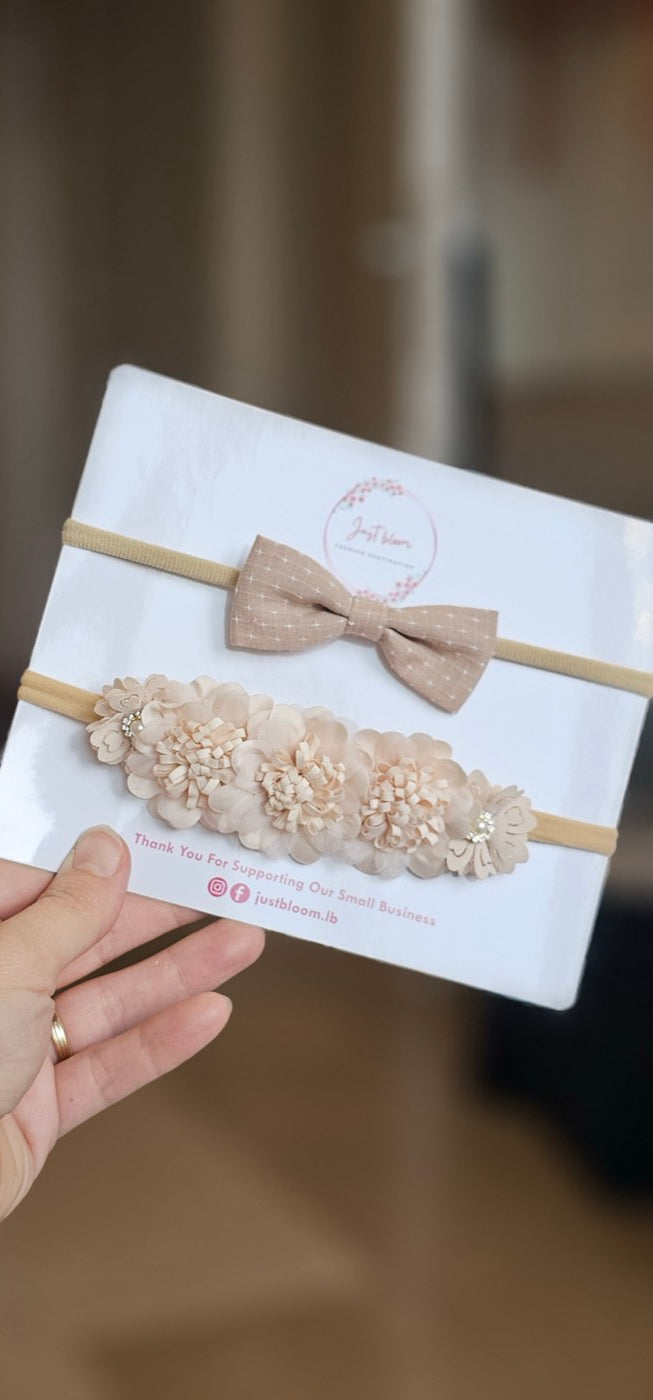 Beige floral baby headband with pearls