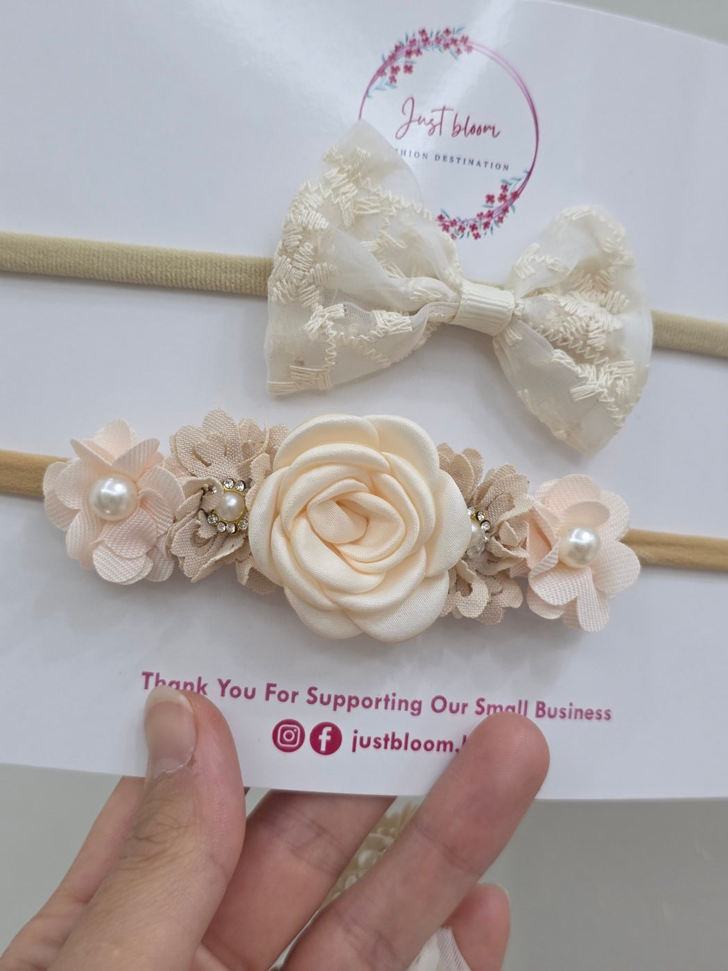 Rose beige floral baby headband