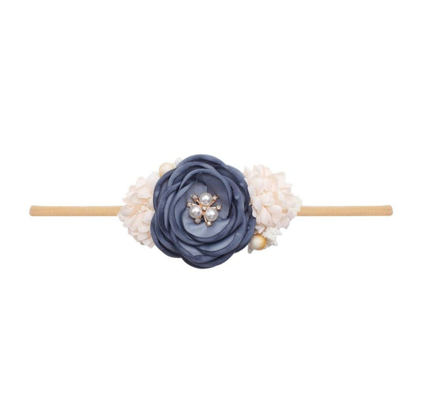 Navy floral baby headband with pearls
