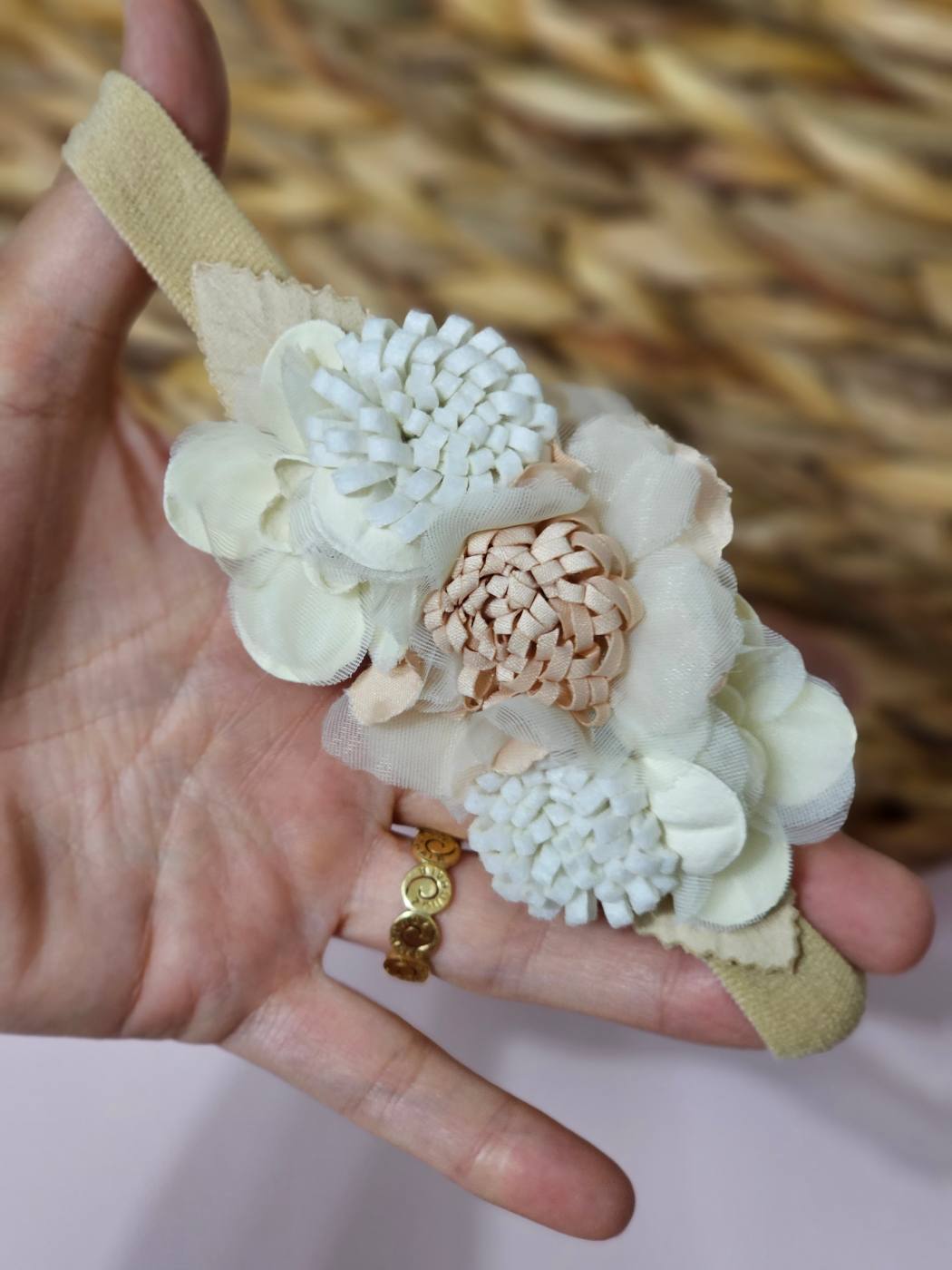 Beige roses big floral baby headband