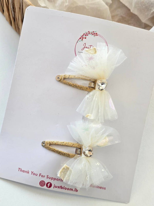 Ivory tulle Bow with golden touch snap clips