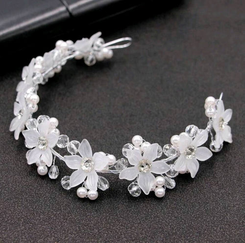 1pc White Flowers Crystal Tiara