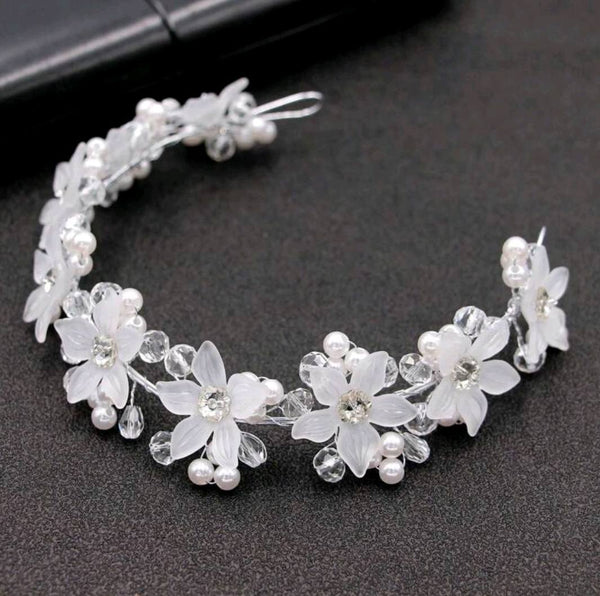 1pc White Flowers Crystal Tiara