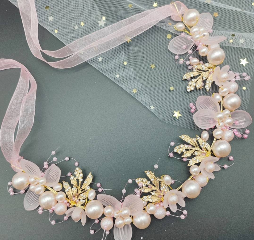 1pc Pearl Crown with Ribbons