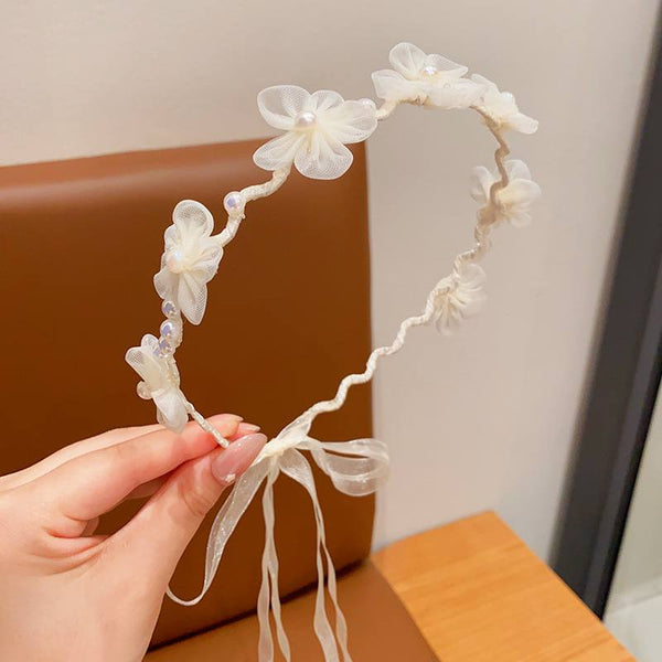 1pc Offwhite Soft Floral Headband With Ribbon