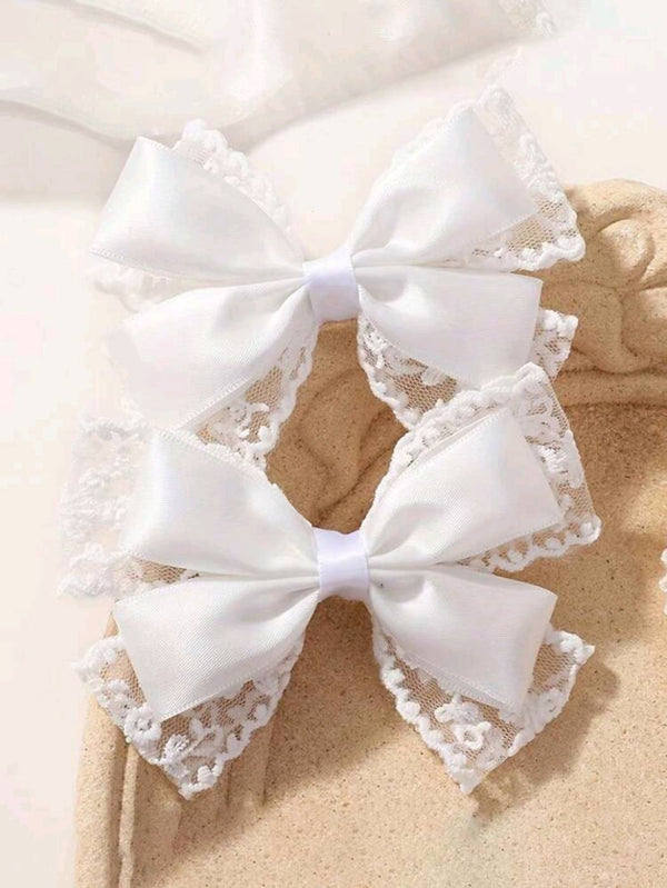 2pc Double Bow Lace and Satin white Hair clip