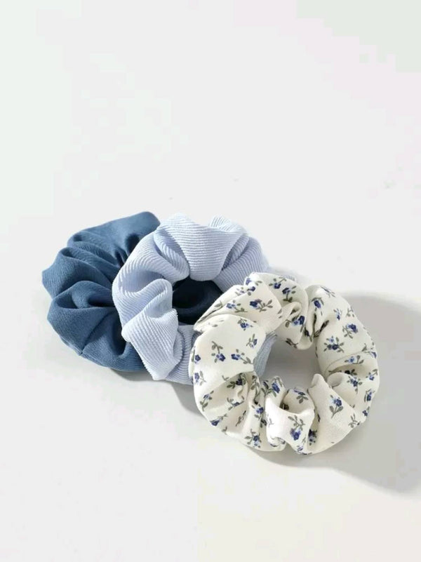 3pcs Blue Scrunchies with prints